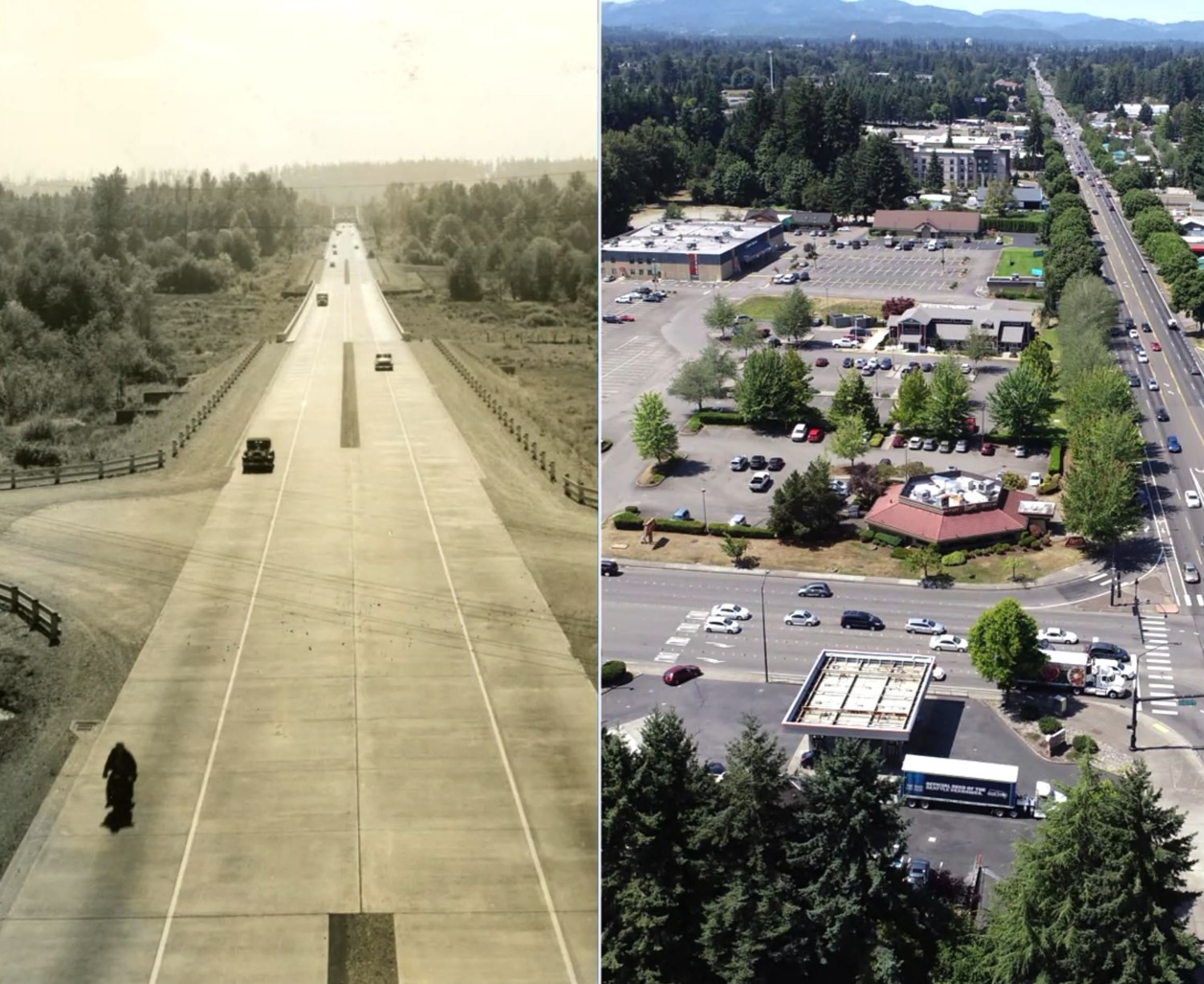 The left photo shows how the Martin Way Corridor looked when originally constructed in the early 1930’s. The Corridor was a part of the original highway system. The right photo shows what Martin Way looks like now as the county plans to turn the area from an automobile-dominated roadway to a more pedestrian-friendly road.